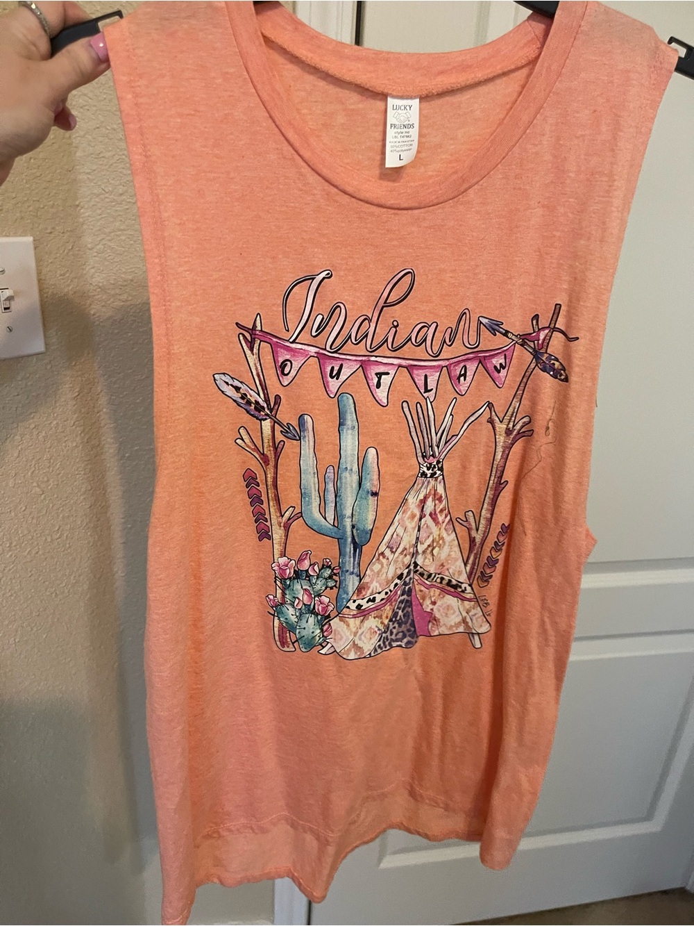 FRIENDS Peach Graphic Tank with Western Teepee & Cactus Art